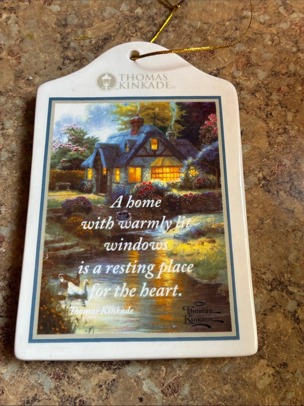 Thomas Kinkade Cottage Scene Wall Plaque - Blue, White, Gold